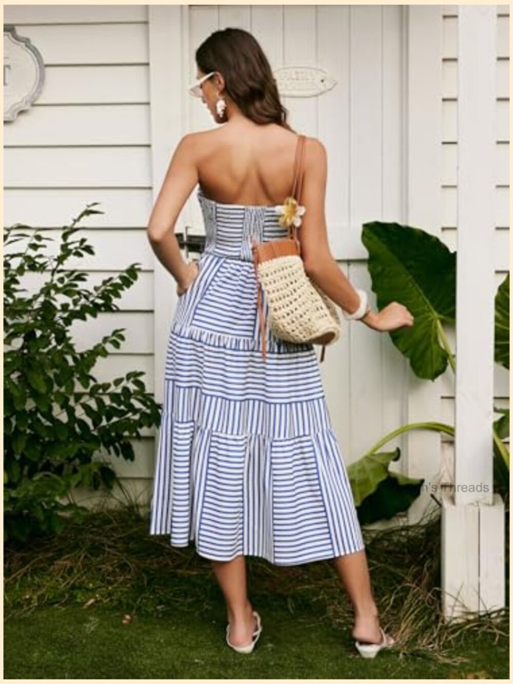 Strapless Midi Dress with Pockets Striped A-Line Tube Dress - Picture 3 of 6